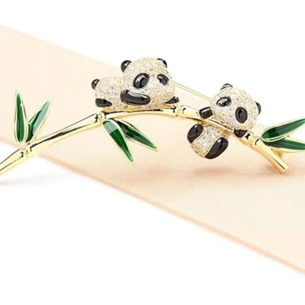 Cute Panda Bears Brooch Pin with Rhinestones‎ on Bamboo Tree Brand New !!